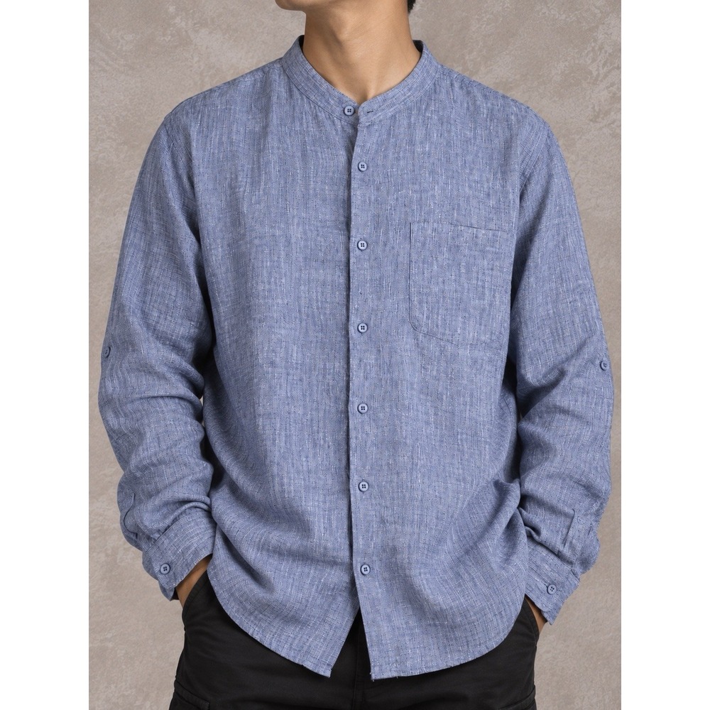 Neiman Marcus Linen Button Down Shirt Mens XXL Blue Long Sleeve Mandarin Collar